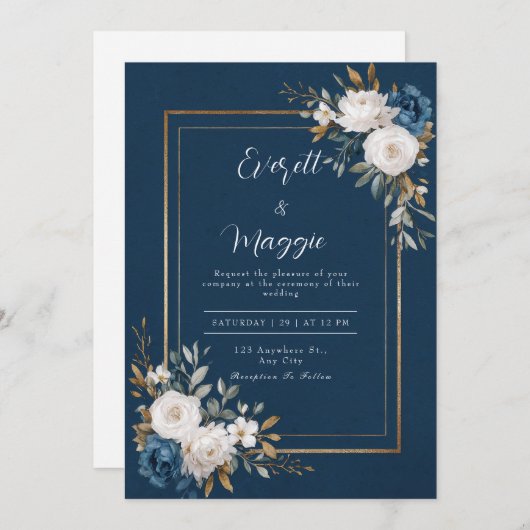 Invitation Mariage Marine & Gold Peony (Devant / Derrière)