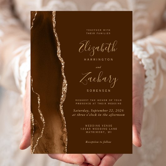 Invitation Mariage Marron Agate Or Mocha Moderne
