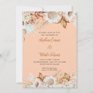 Invitation Mariage Marron Blanc Fleurs Bohème Orange Rustique