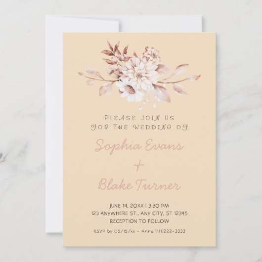 Invitation Mariage Marron Clair Floral Doux Rustique Moderne (Devant)