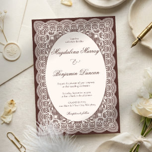 Invitation Mariage marron élégant en dentelle d'ivoire victor