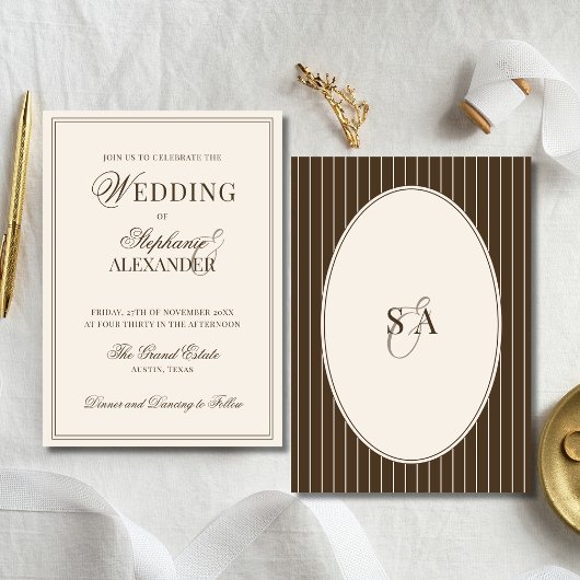 Invitation Mariage Marron et Ivoire Monogramme Classique Old