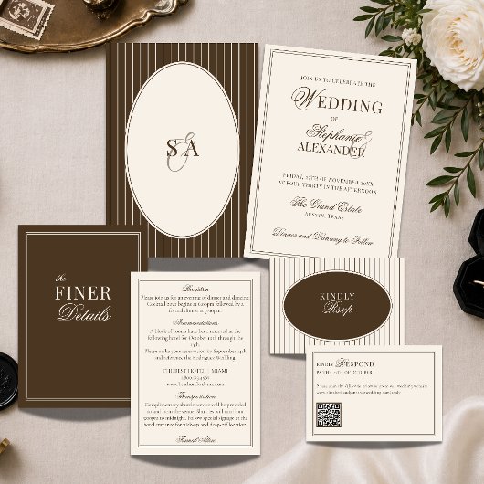 Invitation Mariage Marron et Ivoire Monogramme Classique Old 