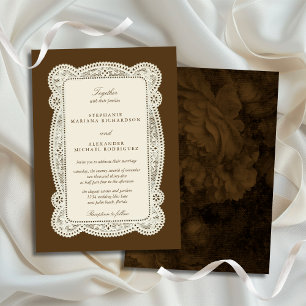 Invitation Mariage Marron Mocha Vieil Argent Dentelle Vintage