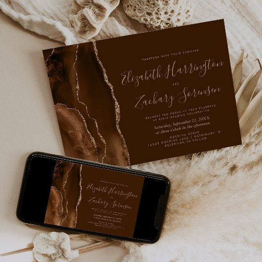 Invitation Mariage Marron Moka Agate Or