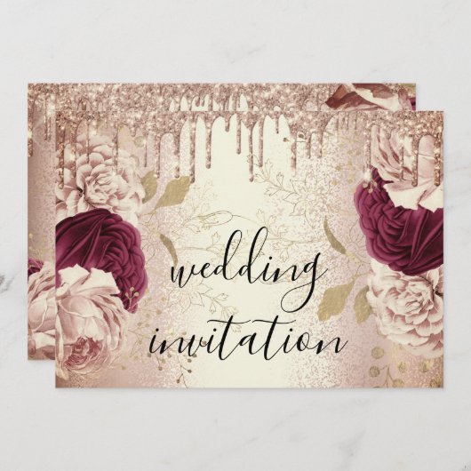 Invitation Mariage Marsala Rose Or Roses Bourgogne (Devant / Derrière)