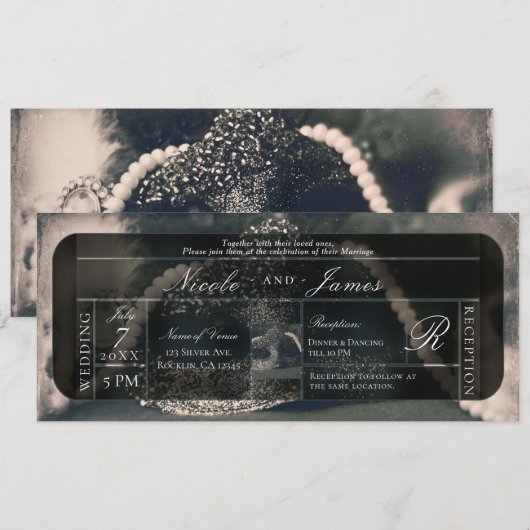 Invitation Mariage Mascarade et Perles Vintage (Devant / Derrière)