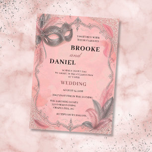 Invitation Mariage Mascarade Rose Pâle et Plume Argentée