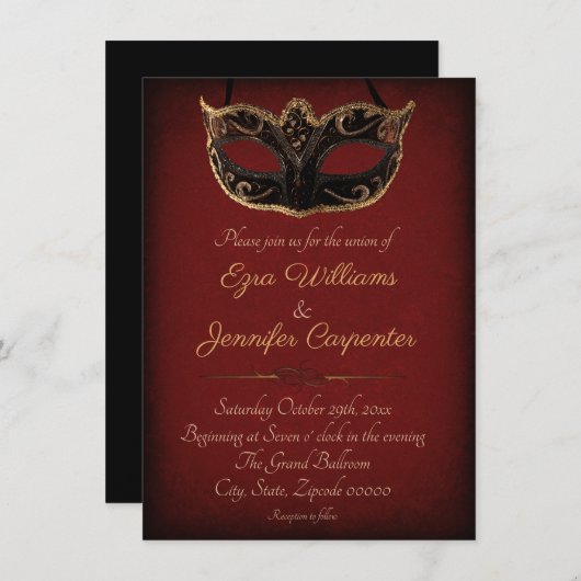 Invitation Mariage mascarade rouge et or (Devant / Derrière)