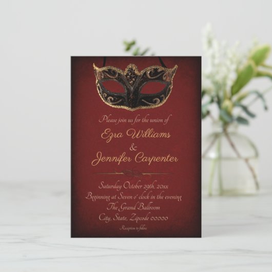 Invitation Mariage mascarade rouge et or (Debout devant)