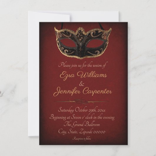 Invitation Mariage mascarade rouge et or (Devant)
