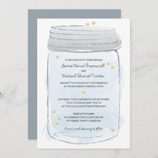 Invitation Mariage Mason bleu Jar & Fireflies (Devant / Derrière)