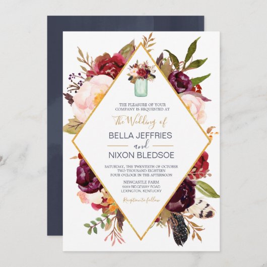 Invitation Mariage Mason Jar à la floraison noire de Bourgogn (Devant / Derrière)