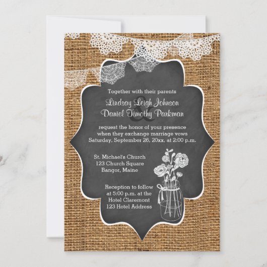 Invitation Mariage| Mason Jar, dentelle, Burlap| Tableau de b (Devant)