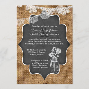 Invitation Mariage  Mason Jar, dentelle, Burlap  Tableau de b