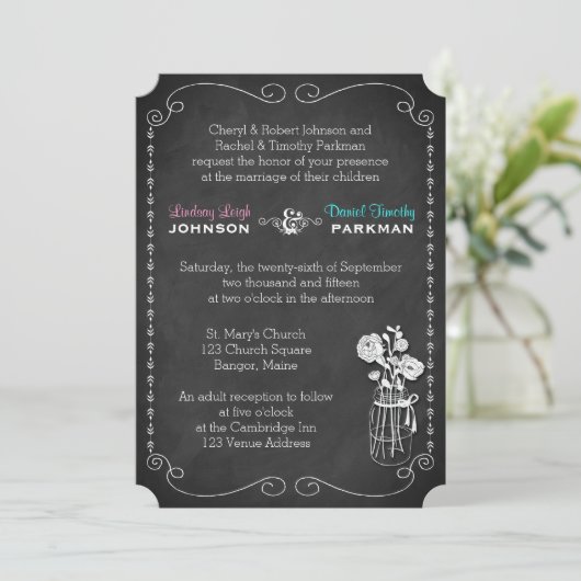 Invitation Mariage| Mason Jar, Fleurs, Chalkboard 2 (Debout devant)