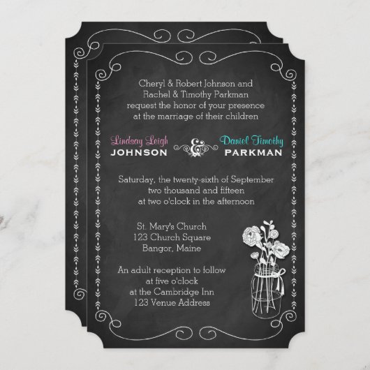 Invitation Mariage| Mason Jar, Fleurs, Chalkboard 2 (Devant / Derrière)