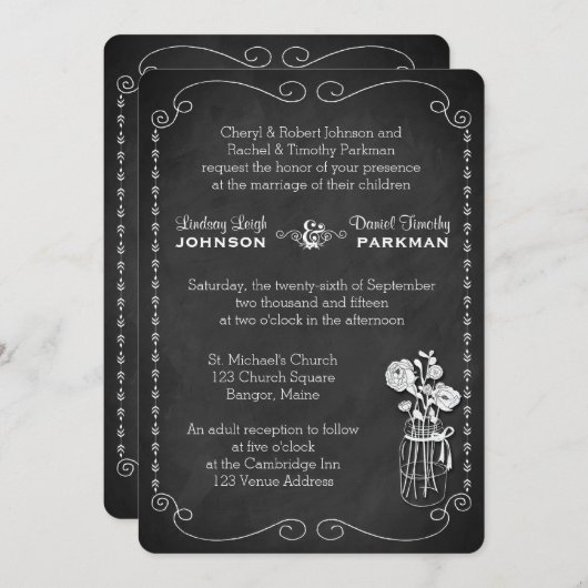 Invitation Mariage| Mason Jar, Fleurs, Parchemins| Tableau de (Devant / Derrière)