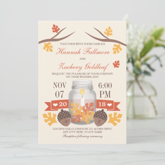 Invitation Mariage Mason Jar Mason Feuille d'automne monogram (Debout devant)