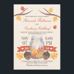 Invitation Mariage Mason Jar Mason Feuille d'automne monogram<br><div class="desc">Une belle faire-part de mariage à thème automne avec une branche de chêne et un design de feuilles d'automne jaune et orange doré avec une bannière à ruban orange avec des coeurs blancs flanquant l'année du mariage et un bocal de maçon avec une bougie éclairée et des feuilles automnaux au...</div>