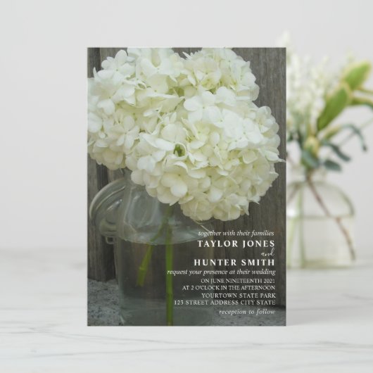 Invitation Mariage Mason Jar White Hydrangeas (Debout devant)