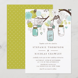 Invitation Mariage Mason Jars à pendage bleu et vert