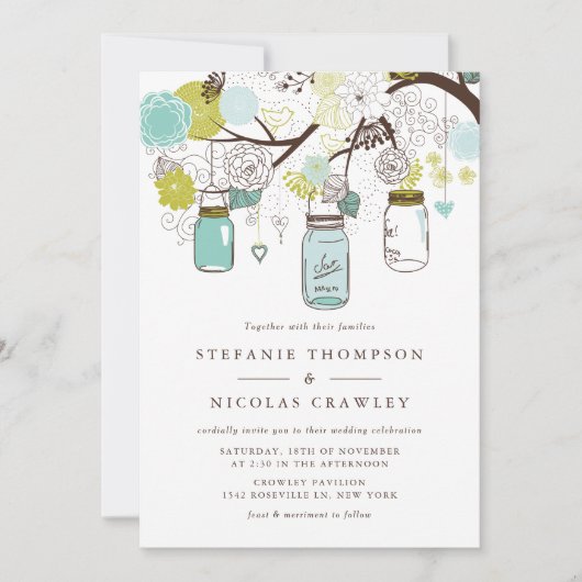 Invitation Mariage Mason Jars à pendage vert et bleu (Devant)