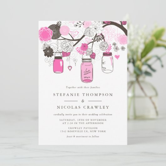 Invitation Mariage Mason Jars à pendaison rose chaud (Debout devant)
