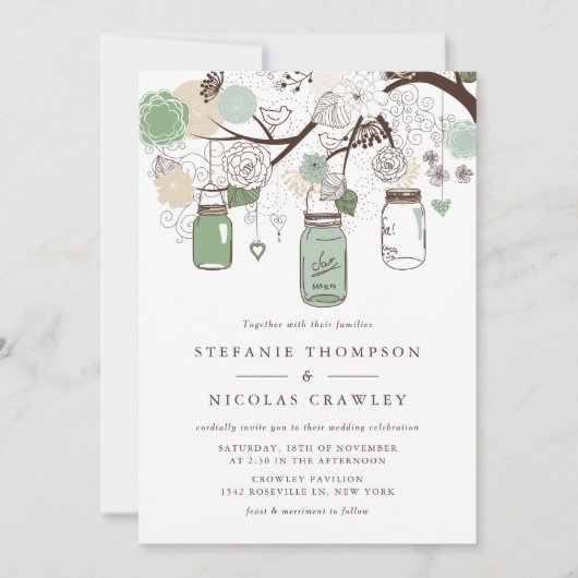 Invitation Mariage Mason Jars à pendaison verte (Devant)