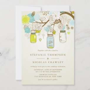 Invitation Mariage Mason Jars Vintage bleu et vert