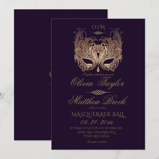 Invitation Mariage masquade violet or (Devant / Derrière)