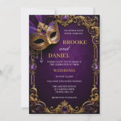 Invitation Mariage Masqué de Luxe Violet et Or (Devant)