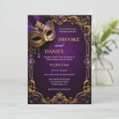 Invitation Mariage Masqué de Luxe Violet et Or (Debout devant)