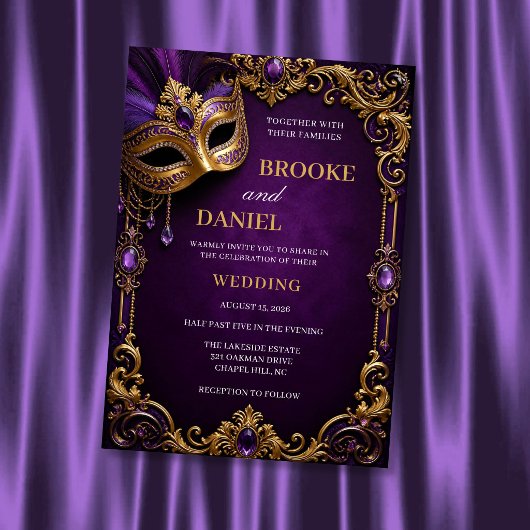 Invitation Mariage Masqué de Luxe Violet et Or