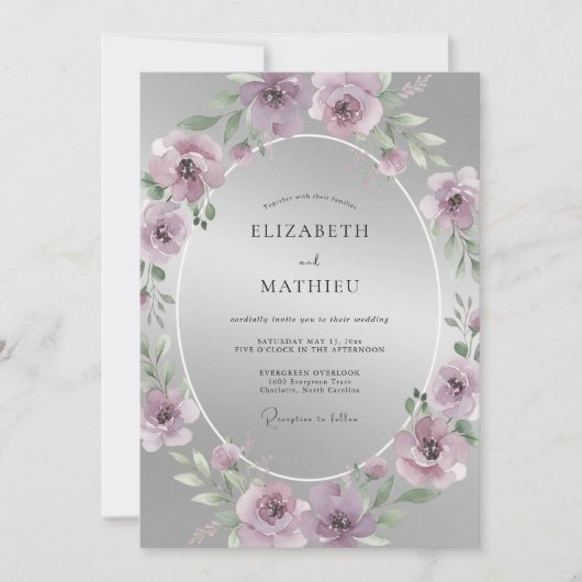 Invitation Mariage Mauve Poli Argent (Devant)
