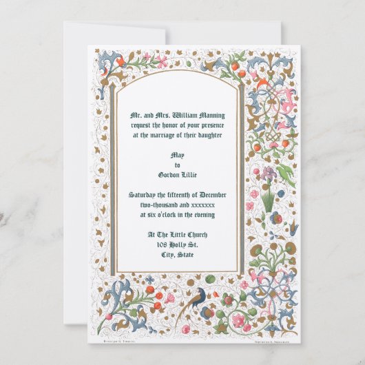Invitation Mariage médiéval aux oiseaux et fleurs illuminés (Devant)