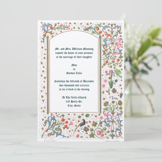 Invitation Mariage médiéval aux oiseaux et fleurs illuminés (Debout devant)