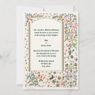Invitation Mariage médiéval aux oiseaux et fleurs illuminés