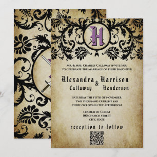 Invitation Mariage médiéval du Moyen Âge en damas violet et o