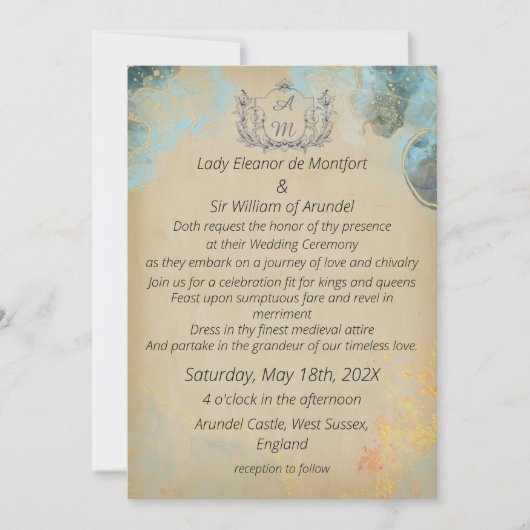 Invitation Mariage médiéval en marbre vert or (Devant)