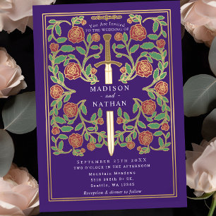 Invitation Mariage Médiéval Fantastique Floral Épée Violette