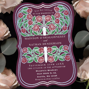 Invitation Mariage Médiéval Floral Mauve Épée Argent Royale