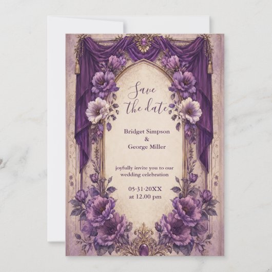 Invitation Mariage Médiéval Gothique Arche Pourpre Drapée (Devant)
