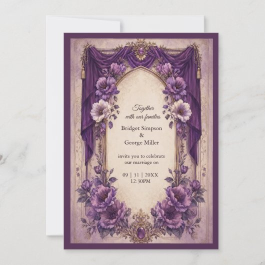 Invitation Mariage Médiéval Gothique Violet avec Arche Drapée (Devant)