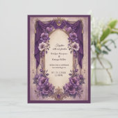 Invitation Mariage Médiéval Gothique Violet avec Arche Drapée (Debout devant)