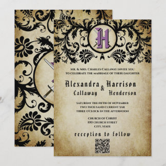 Invitation Mariage médiéval Moyen Âge damas violet et or 