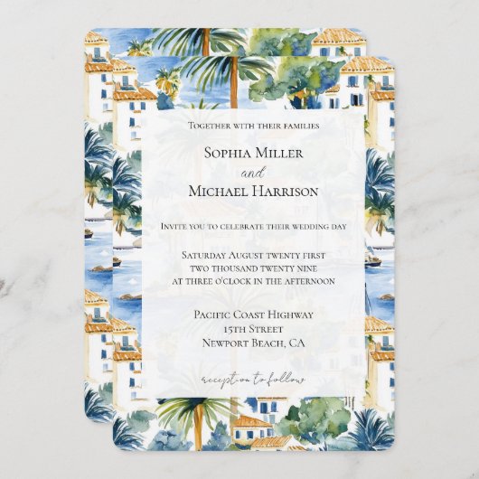 Invitation Mariage méditerranéen tropical (Devant / Derrière)