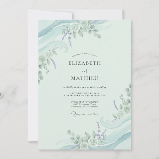 Invitation Mariage Menthe Aqua Feuillage Eucalyptus Doux (Devant)