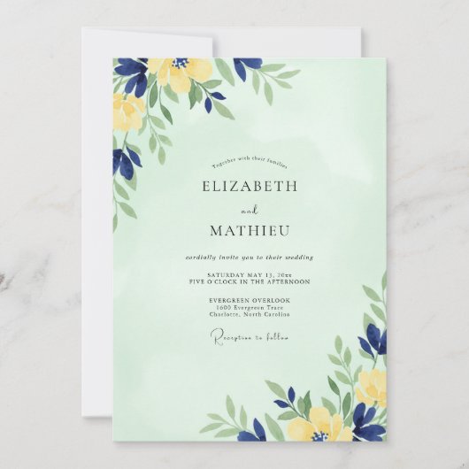 Invitation Mariage Menthe Ocre Indigo Pétales (Devant)