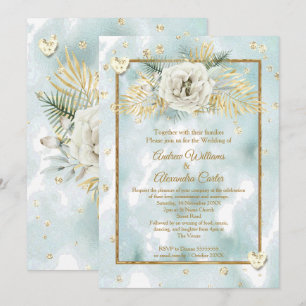 Invitation Mariage Menthe Sarcelle Or marbre Rose Floral